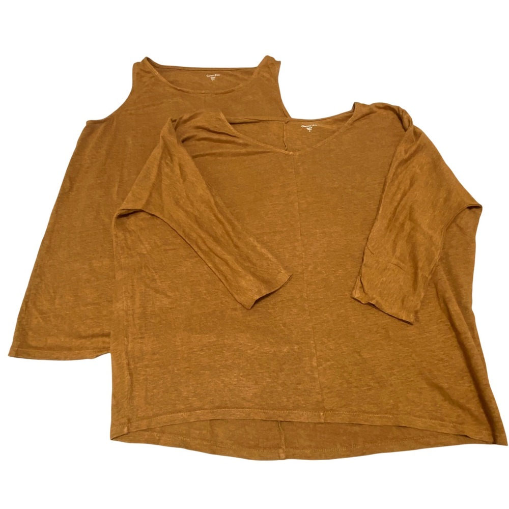 Garnet Hill Womens Linen Knit 2 Piece Set V-Neck Top and Tank Ginger Brown Small